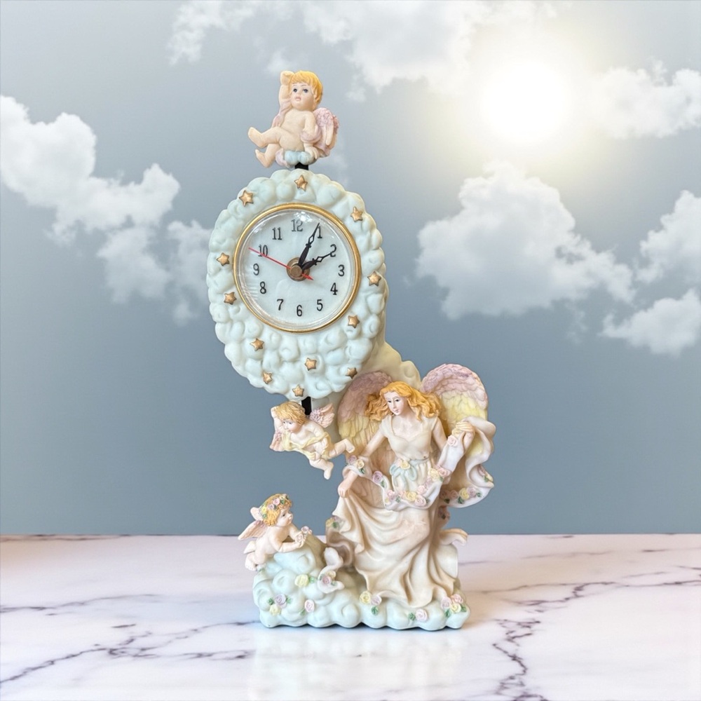 Vintage Angels in the Clouds Clock working 14” tall x 6” wide
